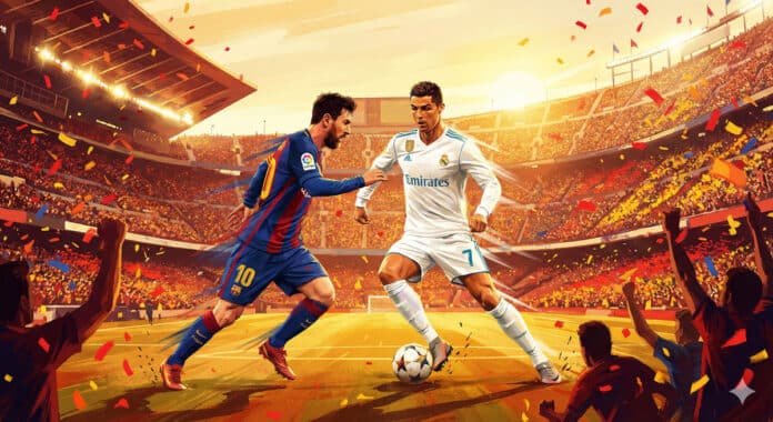 라리가 엘클라시코에서 맞붙는 바르셀로나와 레알 마드리드의 스타 선수 일러스트