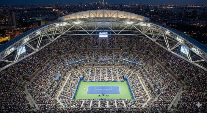 야간 조명이 켜진 아서 애시 스타디움에 관중이 가득 찬 가운데 US오픈 센터코트 경기 장면을 내려다본 전경