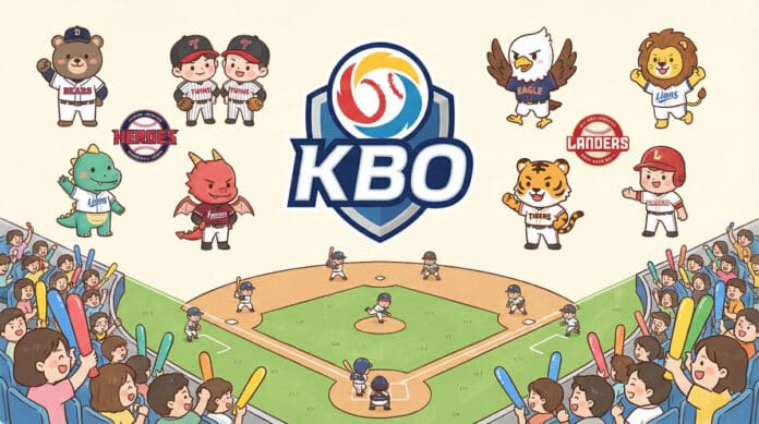 KBO 리그 로고와 구단 마스코트가 함께 있는 일러스트 이미지입니다.
