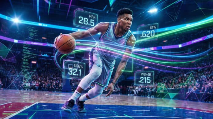 PER, TS%, USG%, WS/48 등 NBA 2차 스텟이 표시된 선수 드리블 장면 이미지입니다.