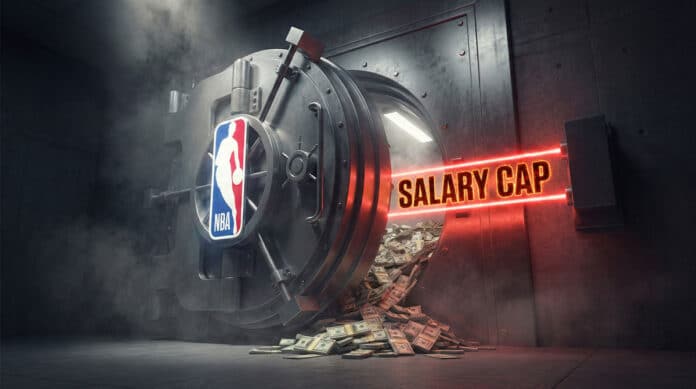 NBA 샐러리캡을 상징하는 금고와 ‘SALARY CAP’ 문구 이미지입니다.