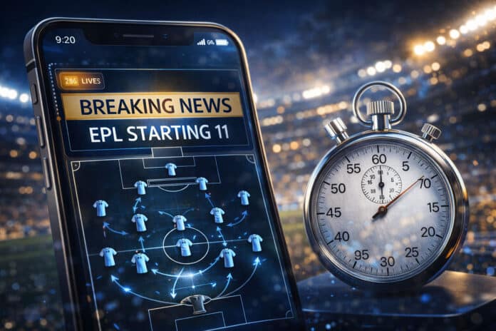 공식 라인업 발표 직전 EPL 예상 라인업을 확인하는 상황을 상징하는 ‘EPL STARTING 11’ 브레이킹 뉴스 화면입니다