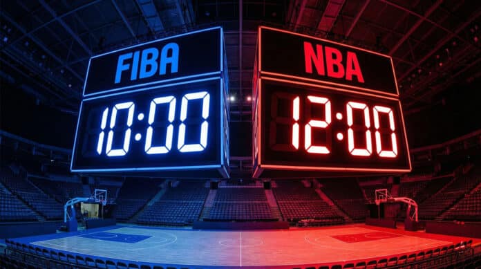 FIBA 10분 쿼터와 NBA 12분 쿼터의 경기 시간 차이를 전광판으로 비교한 이미지입니다.