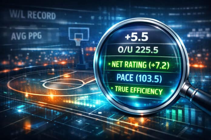 NBA 넷 레이팅과 페이스(Pace) 같은 핵심 지표를 확대경으로 확인하는 이미지입니다.
