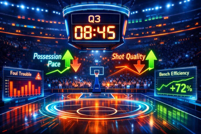 NBA 실시간 베팅에서 포제션 페이스와 슈팅 질 변화를 시각화한 데이터 오버레이 코트