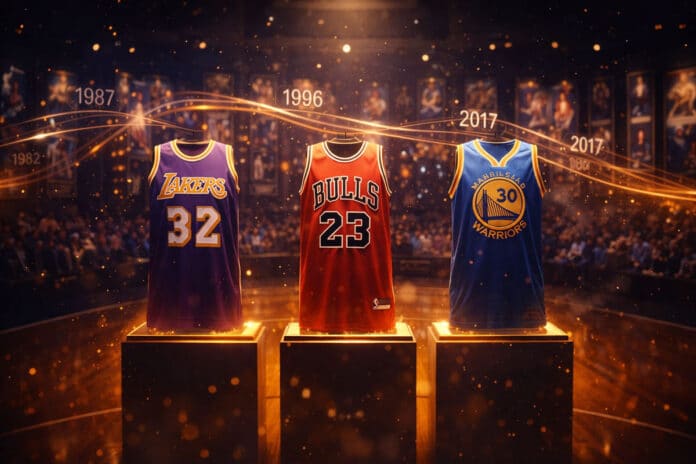 NBA 왕조를 상징하는 레이커스 32·불스 23·워리어스 30 유니폼 전시와 우승 연도 타임라인