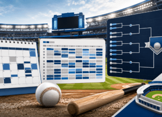 MLB 리그 구조와 일정 정리:메이저리그 시즌 흐름과 프로토 참고 가이드 야구장 배경 위에 캘린더, 경기 일정표, 리그 브래킷, 야구공과 배트가 배치된 MLB 시즌 흐름 인포그래픽 이미지