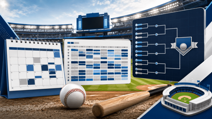 야구장 배경 위에 캘린더, 경기 일정표, 리그 브래킷, 야구공과 배트가 배치된 MLB 시즌 흐름 인포그래픽 이미지