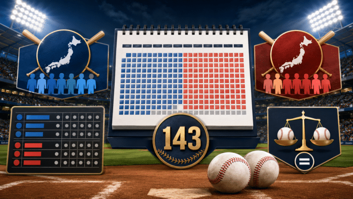 NPB 143경기 정규시즌 운영 방식을 상징하는 일본 야구장, 시즌 캘린더, 두 리그 아이콘, 순위표, 무승부 표시 이미지